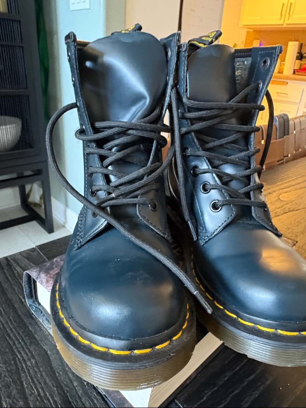 Dr. Martens Black Leather Lace-Up Combat Boots with Yellow Stitching